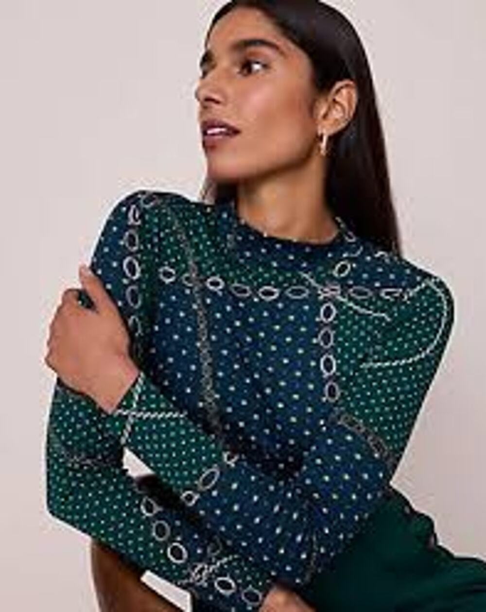 Ann Taylor Chain Link Long Sleeve Neck T-Shirt Top Green Blue Women's Size M NWT